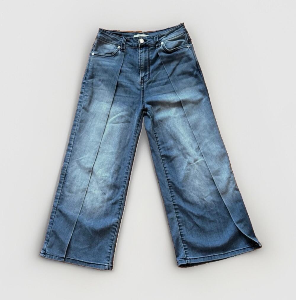 Habitual Girl Y2K Wide Leg Jeans Girls 14 Blue Denim Cropped Flap Hem 21”